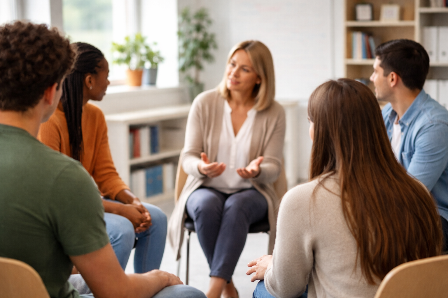 Gruppo di persone sedute in cerchio in un’aula luminosa durante un momento di confronto e ascolto.
