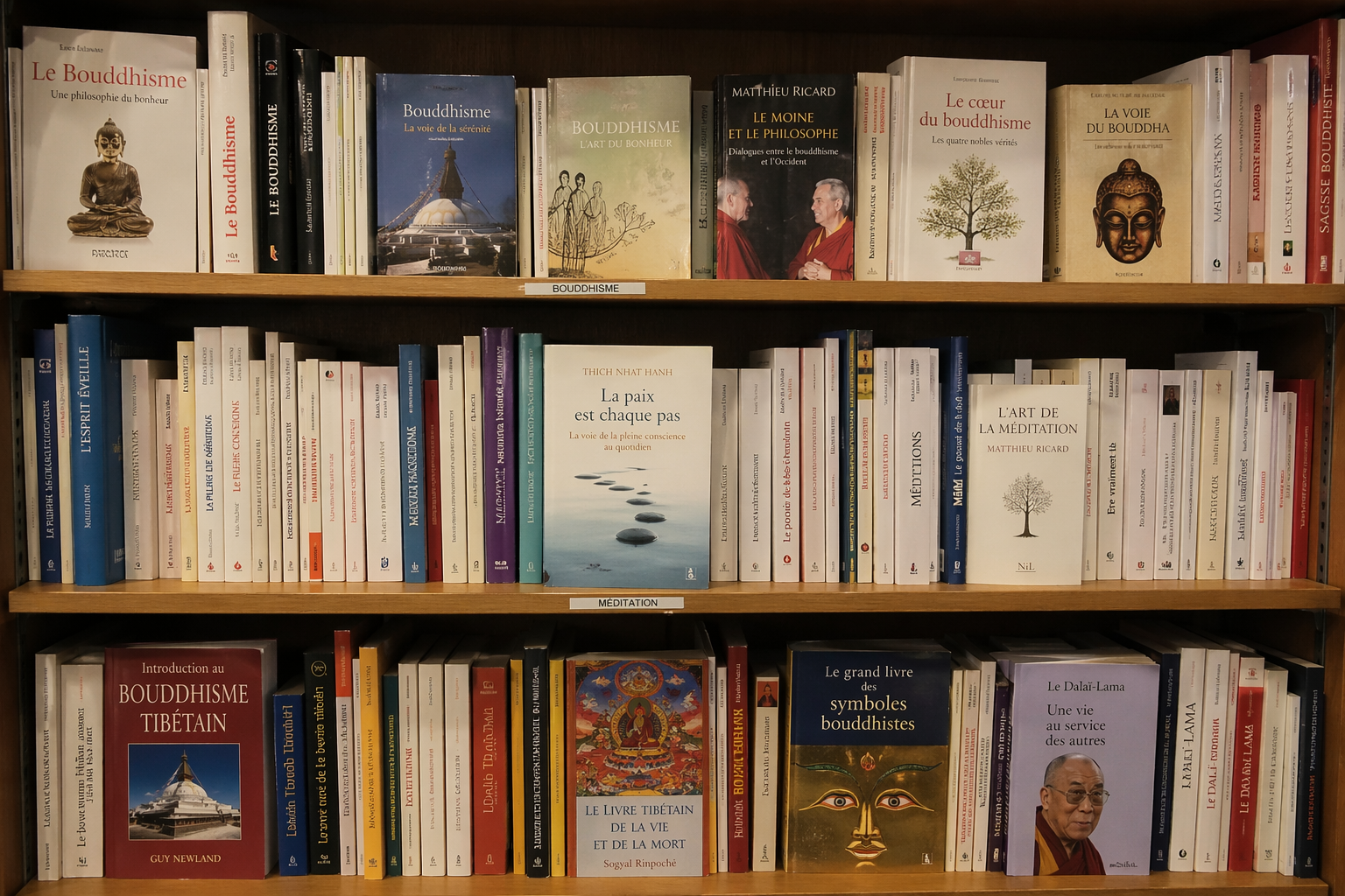 Libreria con libri in francese sul buddhismo, tra cui opere di Matthieu Ricard, Thich Nhat Hanh e testi sul Mahayana e la meditazione