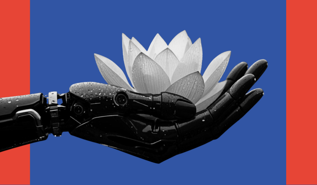 Mano robotica che sorregge un fiore di loto su sfondo sfocato, immagine simbolica del dialogo tra buddhismo e intelligenza artificiale
