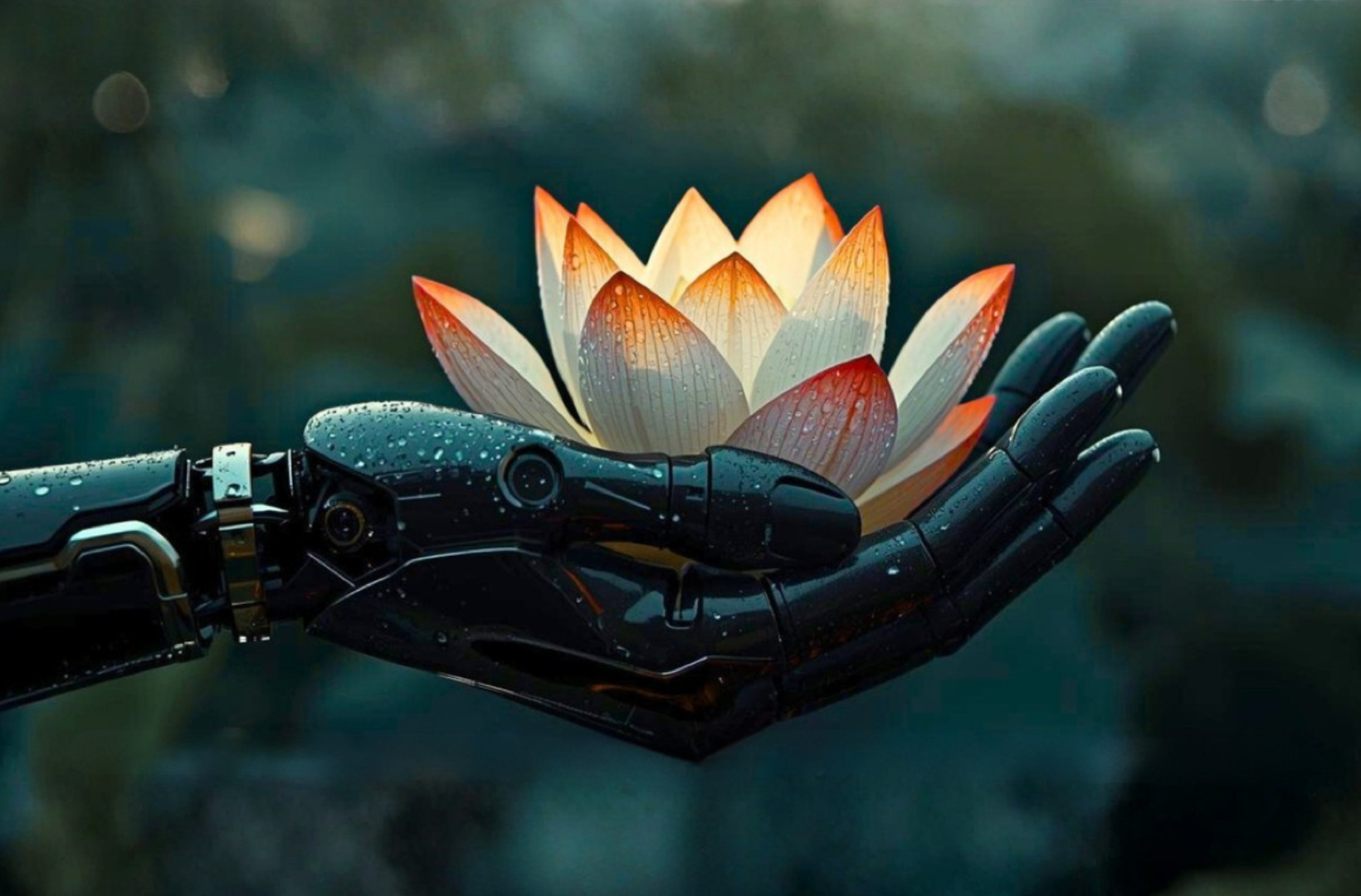 Mano robotica che sorregge un fiore di loto su sfondo sfocato, immagine simbolica del dialogo tra buddhismo e intelligenza artificiale